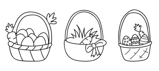 Obraz premium Carrot-Themed Easter, Easter baskets with eggs and carrots, perfect for coloring activities