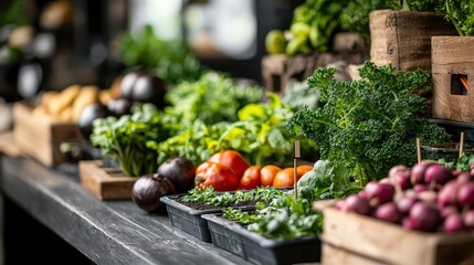 Urban Rooftop Hydroponic Vertical Farm Displaying Fresh Variety of Vegetables and Greens in Wooden Boxes