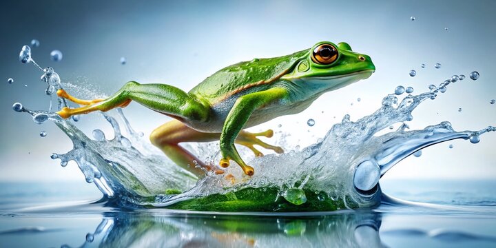 Vibrant Green Frog Leaping from Water Splash - High-Resolution Stock Photo