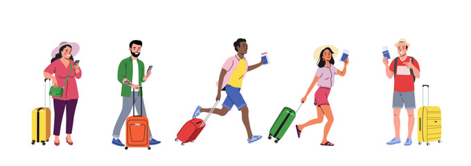 Different people are travelers with suitcases and passports. Vector cartoon flat style illustration