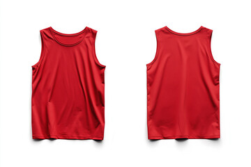 A red sleeveless t-shirt tank top is displayed from the front and back and a flat lay concept is used as a mockup design template