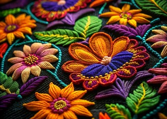 Vibrant Mexican Embroidery Close-up: Orange, Yellow, Purple Flowers on Black Fabric