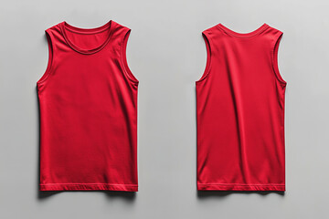 A red sleeveless t-shirt tank top is displayed from the front and back and a flat lay concept is used as a mockup design template