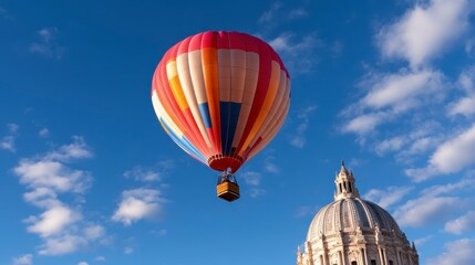 Obraz premium Colorful hot air balloon soaring through a clear blue sky, embodying the spirit of adventure and exploration in vibrant hues