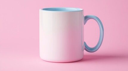 White Mug with Light Blue Handle on Pink Background