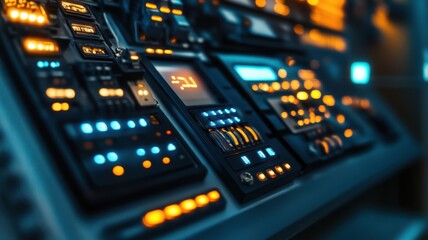 Futuristic control panel with glowing buttons in dimly lit technology room. Conveyor Belt on a Modern Factory