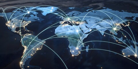 Global Connectivity: A digitally enhanced depiction of the world, crisscrossed by luminous lines representing a complex web of interconnected nodes and pathways.