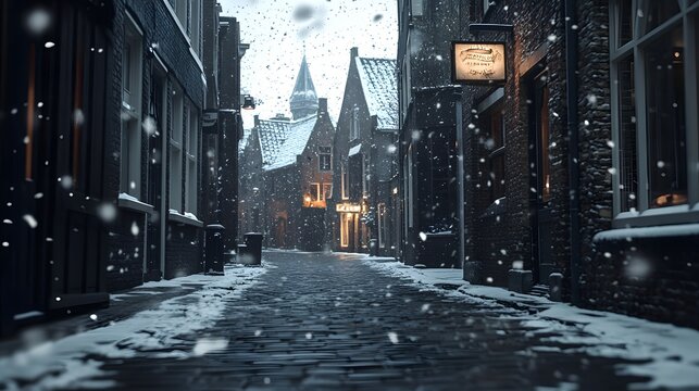 Winter View of Ancient City Street with Snowfall in Marius, Charming Architectural Details and Atmosphere