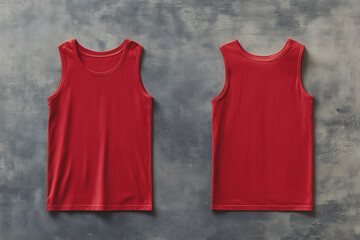 A red sleeveless t-shirt tank top is displayed from the front and back and a flat lay concept is used as a mockup design template