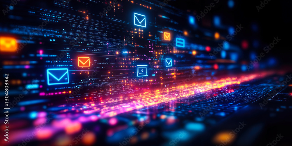 Poster ai-powered digital email management network with vibrant visual elements representing data flow and 