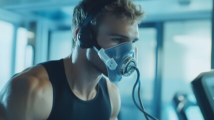 Athlete Wearing Oxygen Mask on Treadmill for Cardio Exercise and Performance Enhancement