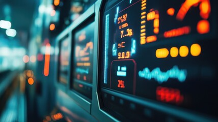 Obraz premium High tech control panel display with digital interface for technology and innovation themes. Conveyor Belt on a Modern Factory