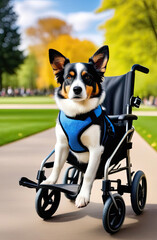 Concept animal disabled. Beautiful black and white dog sitting in a wheelchair outside in the park. The dog's tenacity and determination using a wheelchair for mobility and support.