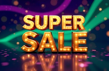Golden text "Super SALE" on a festive emerald purple abstract background