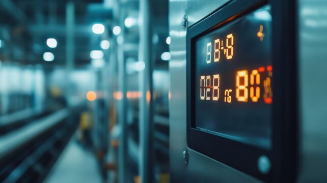 Industrial control panel display with digital readout in factory setting. Conveyor Belt on a Modern Factory
