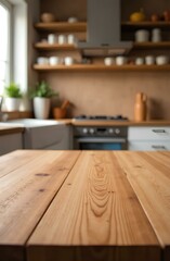 Wood table top on blur white kitchen counter room background