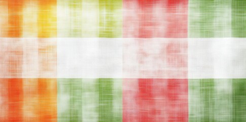 Fototapeta premium A colorful, textured fabric featuring bands of orange, green, red, and white in a plaid pattern.