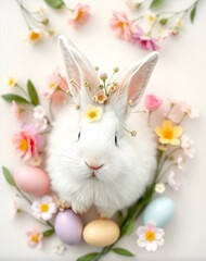 Charming Easter Bunny with Floral Crown and Pastel Eggs