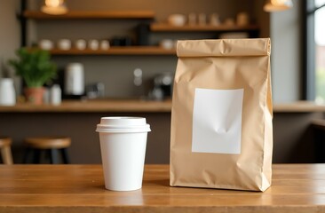 Coffee in a takeaway cup and a snack in a paper mockup bag
