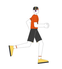 Young korean man running while listening to music with headphones 2D cartoon character. Casual sportswear runner asian guy jogging flat vector person isolated on white. Spot illustration colorful