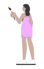 Indian woman painting in pink dress 2D cartoon character. Creative passion. South asian girl holding paintbrush with paint flat vector person isolated on white. Spot illustration colorful