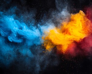 Colorful explosion of blue, yellow, and red powder clouds against a black background