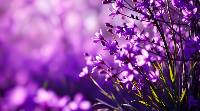 Spring purple wildflowers, Brodiaea blossoms with blurred backdrop sunlight and soft focus