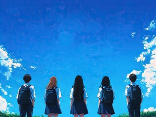 Stylish anime students gaze at clear sky japan digital art outdoor wide angle friendship concept