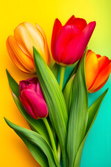 Fototapeta premium red pink and yellow tulips wallpaper, sprint tulip bouquet on isolated turquoise background