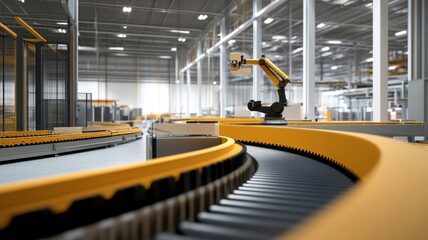 Fototapeta premium Automated robotics in modern industrial factory setting. Conveyor Belt on a Modern Factory