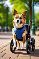 Disabled animal concept. Beautiful white and red dog sits in a wheelchair outside in the park. Walk in the fresh air.