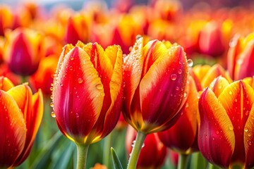 Vibrant Red & Yellow Tulip Blossoms with Dew Drops - Spring Panoramic