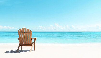 A wooden chair sits on a pristine beach, facing calm turquoise waters under a bright blue sky, creating a serene and inviting atmosphere.