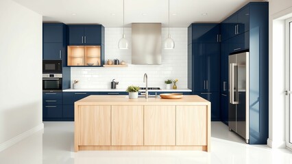 Stylish Modern Kitchen with Navy Blue Cabinets, Light Blue Accents, and a Central Island	
