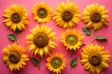Obraz premium Vibrant Sunflowers Flat Lay: Bright Pink Background Modern Top View Photography