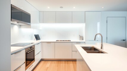 Sleek Minimalist Kitchen with White Cabinets, Modern Appliances, and Bright Lighting