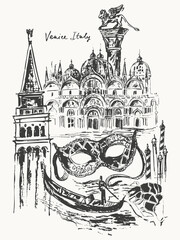 Hand drawn Venice city architecture collage with mask, gondola, map, bell tower, St. Mark's basilica and column sketch.