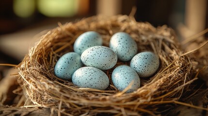 Obraz premium Nest of Speckled Eggs: A nest of delicate blue and white speckled bird eggs cradled within a nest of twigs and leaves. Nature's artistry captured in this intimate photograph.