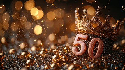 A golden crown and the number fifty celebrate a special occasion