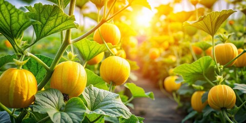 Vibrant Yellow Melon Blossoms in Lush Organic Garden - Stock Photo
