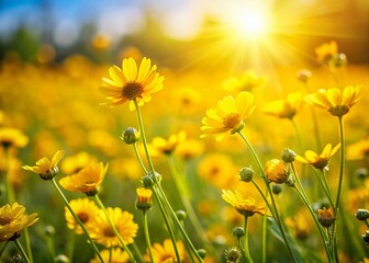 Obraz premium Vibrant Yellow Wildflowers in Sunny Field, Spring Meadow, Blooming Flowers, Nature Background