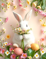 Sweet Easter Bunny Holding Flowers Surrounded by Pastel Eggs
