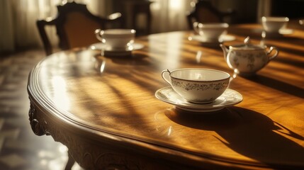Sunlit Tea Party: Elegant Porcelain Cups and Teapot on Antique Wooden Table