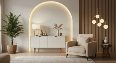 Luxurious contemporary living room with a beige armchair, arched accent wall, LED backlighting and elegant minimalist decor
