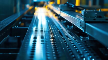 Industrial conveyor system in manufacturing plant with metallic components. Conveyor Belt on a Modern Factory