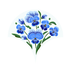 Bukiet bratków. Ręcznie rysowane niebieskie kwiaty z zielonymi liśćmi – botaniczna ilustracja wektorowa © Monika