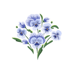 Bukiet bratków. Ręcznie rysowane niebieskie kwiaty z zielonymi liśćmi – botaniczna ilustracja wektorowa © Monika