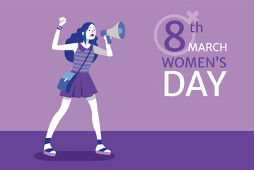 Feminist woman marching with a megaphone for international women's day