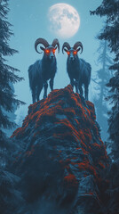 Two mysterious mountain goats with glowing red eyes stand on a rocky peak under a full moon in a foggy forest, representing power, mysticism, and the supernatural in a dark landscape.