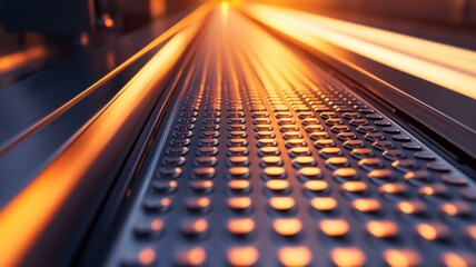 Industrial metal conveyor in factory with warm lighting for manufacturing and technology design. Conveyor Belt on a Modern Factory